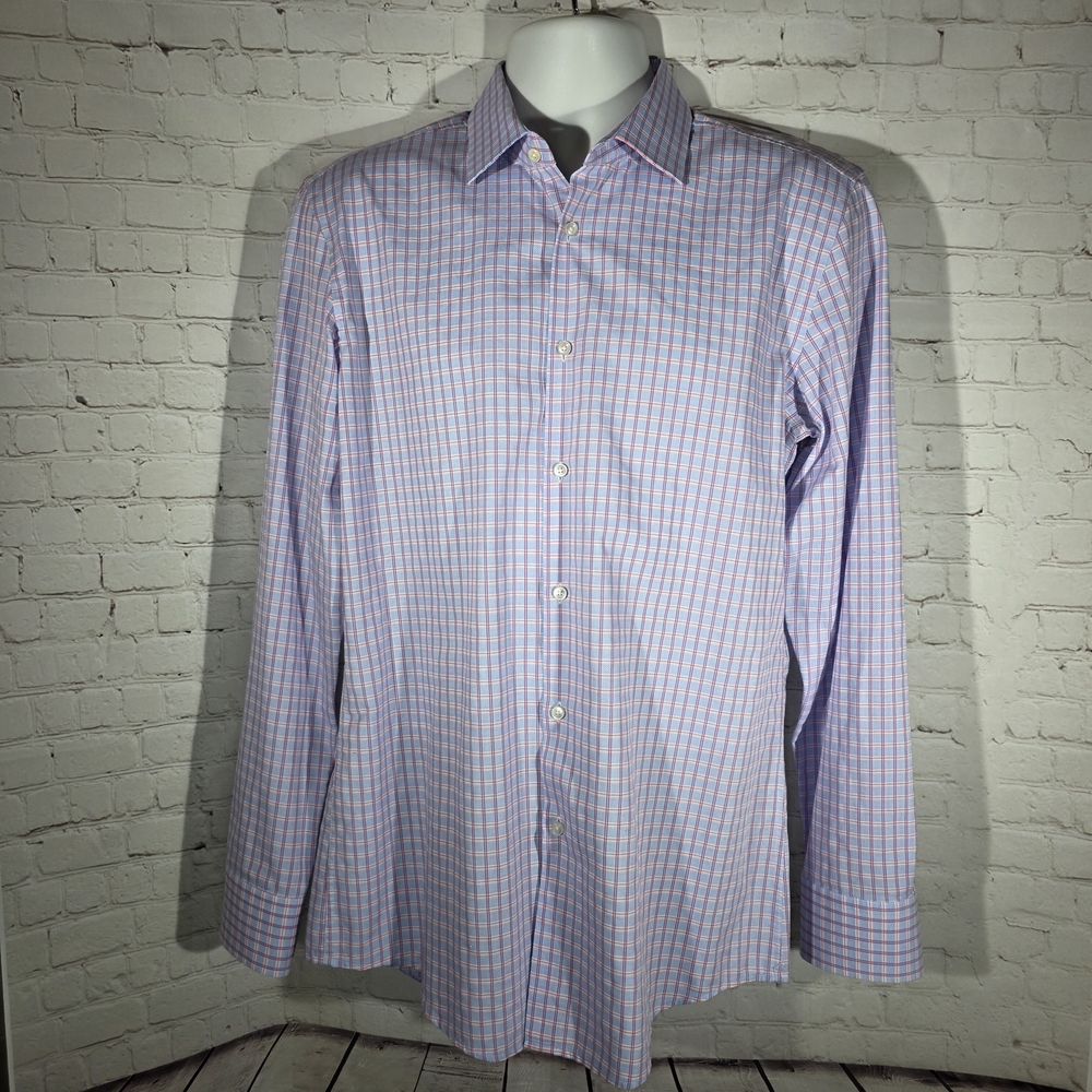 BOSS Hugo Boss Slim Fit Plaid Dress Shirt Blue Red 16 41 Easy Iron
